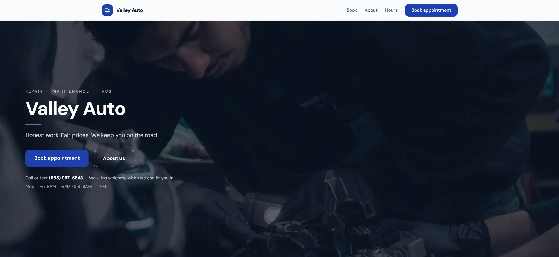 Auto shop example homepage